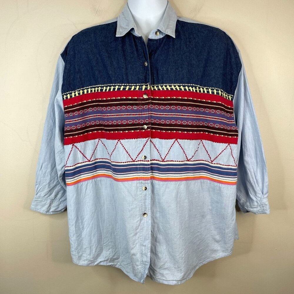 Vintage Western Denim Shirt Top Womens 22W Embroidered Farm Chore Mixed Media